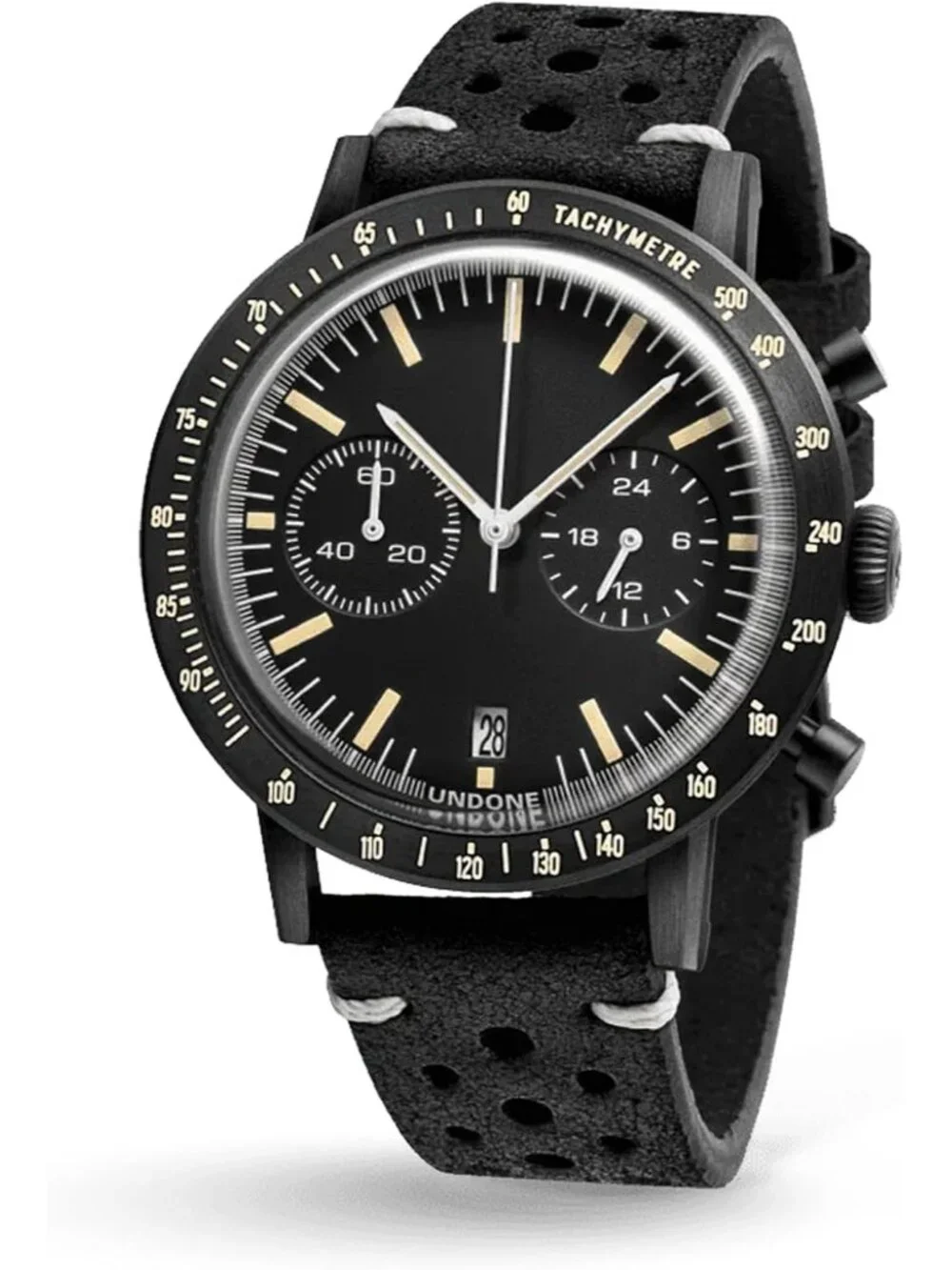 Undone Urban Collection Chronograph Mens Black Dial Black Racing Leather Strap A